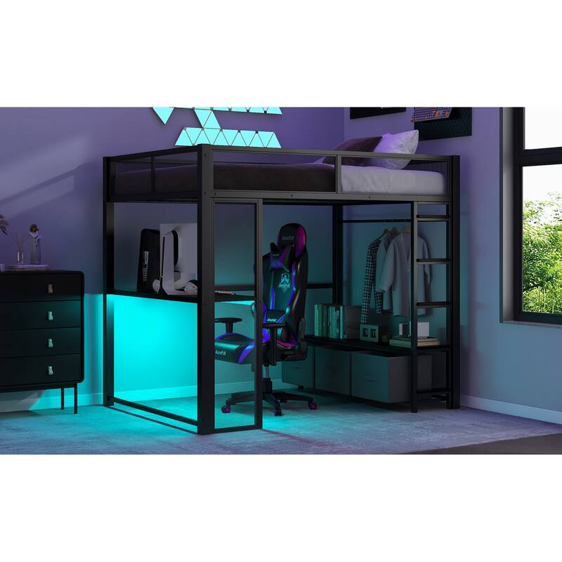 Full Size Black Metal Gaming Loft Bed with LED Lights, Built-in Desk, Wardrobe & 3 Storage Drawers
