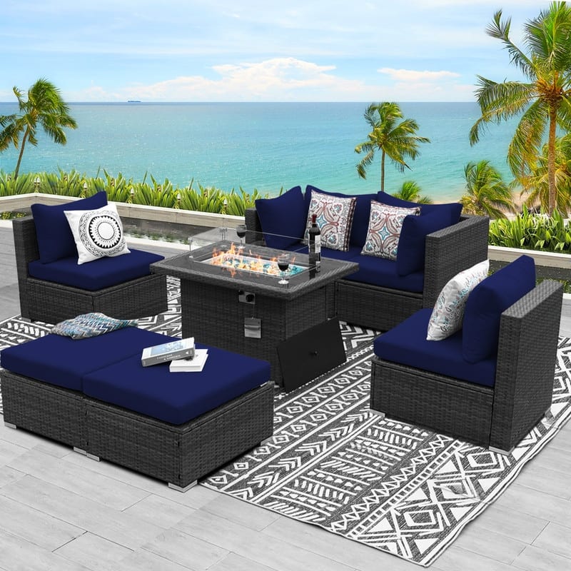 FINCATI Outdoor High-back Wicker Patio Sectional Set, 500 lbs Luxury Oversized Conversation Set, Spacious Couch Set - 222100 - Navy Blue