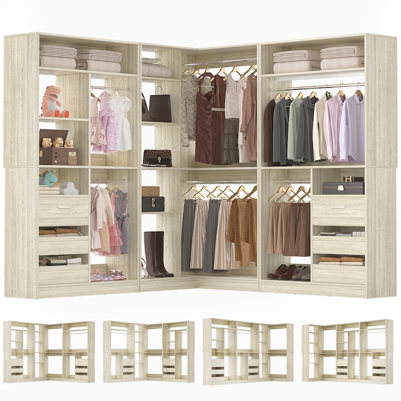 Qvella 72"-108" Closet System with Drawers and Hanging Rods,Freestanding Walk-in Closet Organizer System Wardrobe Closet Tower