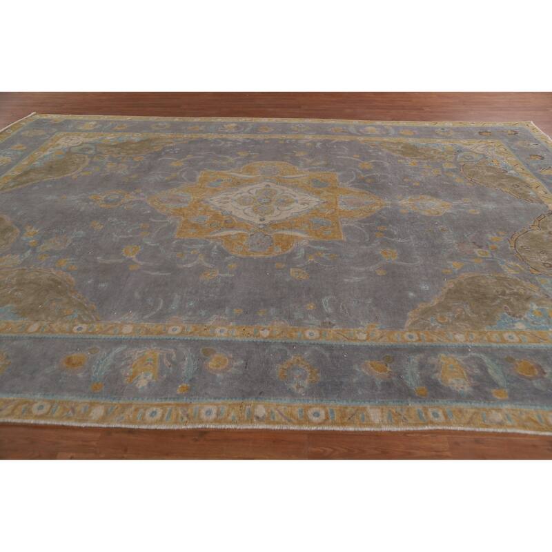 Hand Knotted Oriental 100% Wool Carpet Traditional Floral Greys & Charcoal Tabriz Area Rug - 12' 8'' X 9' 3''