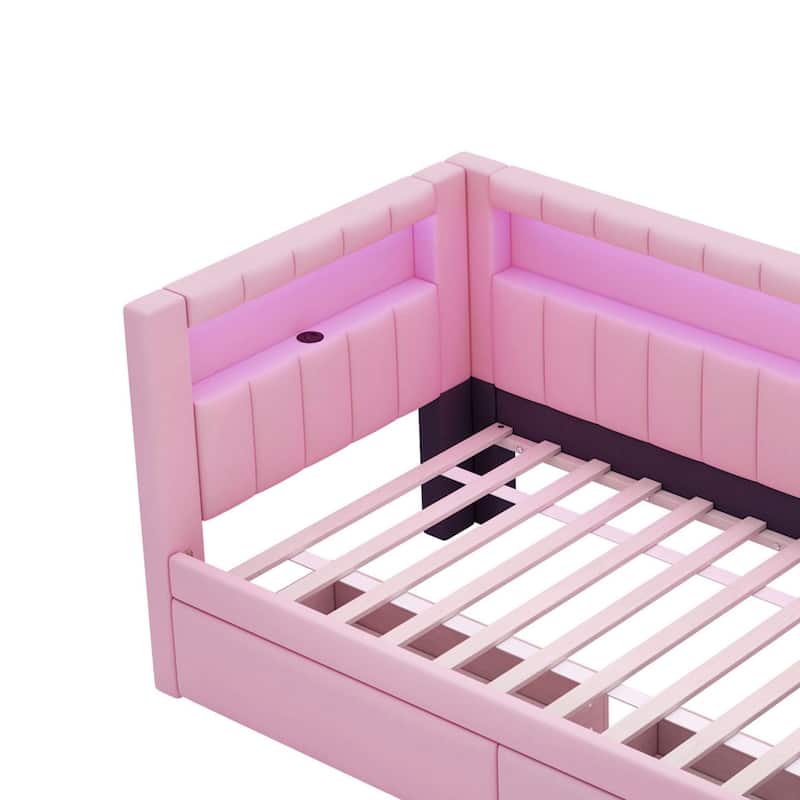 Upholstered Twin Size Platform Bed with USB Ports, LED Belt & 2 Drawers, Pink