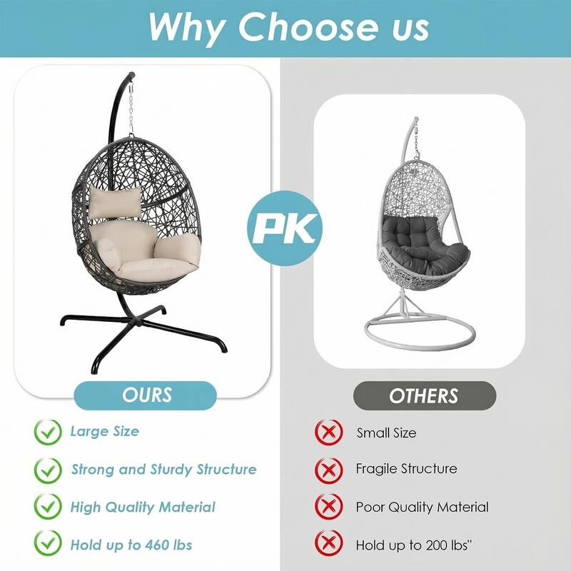 Oversized Egg Chair with Stand, 460 lbs Heavy-Duty Outdoor/Indoor Wicker Hanging Basket Chair