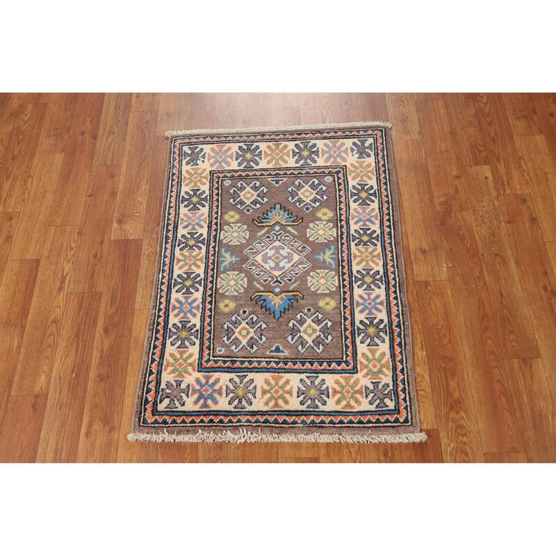 Traditional Kazak Oriental Foyer Rug Hand-Knotted Brown Wool Carpet - 2'0"x 3'0"