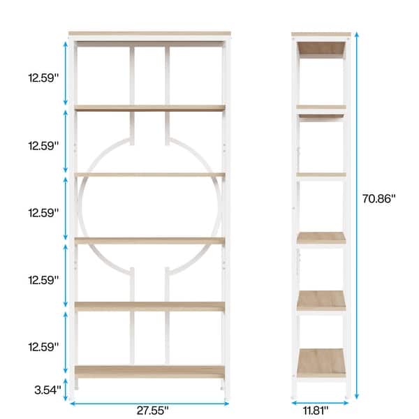 dimension image slide 1 of 2, 70.9"H x 27.6"W Industrial Geometric Bookcase, 6-Tier Tall Bookshelf, Wood Display Shelf Storage Shelves