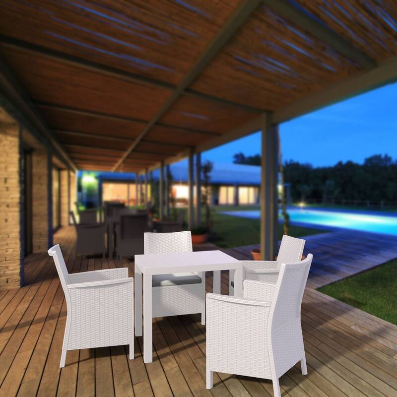 5-Piece White Patio Square Dining Set with Sunbrella Natural Cushion 31.5"