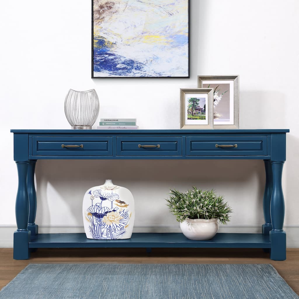 Solid Wood Console Table with 3 Drawers and Bottom Shelf