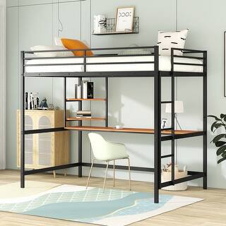 Black Full Size Metal Loft Bed with Desk, Ladder and Shelve for Kids, Teens, Girls, Boys