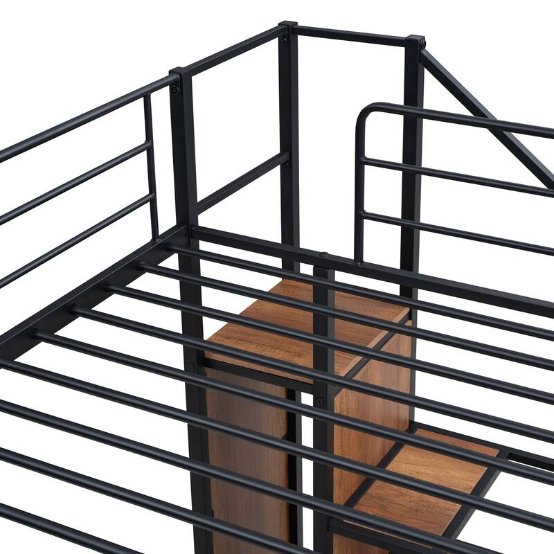 Twin over Twin Size Metal Bunk Bed with Lateral Storage Ladder and Wardrobe