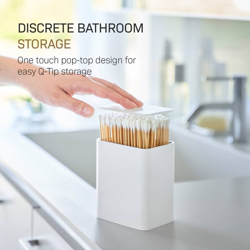 Yamazaki Home Cotton Swab Push-Top Case, ABS Plastic, 200 cotton swabs, Lid - L 2.6 x W 3.78 x H 4.25 inches