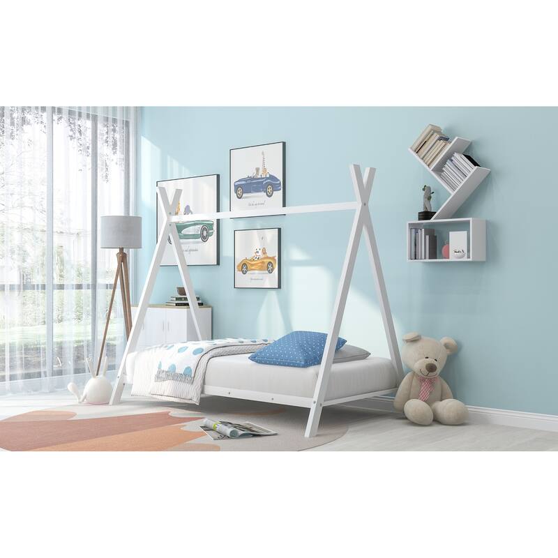 Metal Twin House Bed Frame for Kids, Indoor Tent Bed with Slats and Storage Space, Fun Playhouse Design, No Box Spring Needed