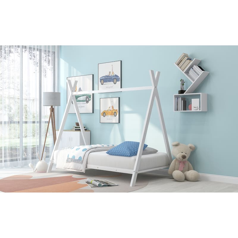 White Metal Twin House Bed Tent Frame with Slat, No Box Spring Needed