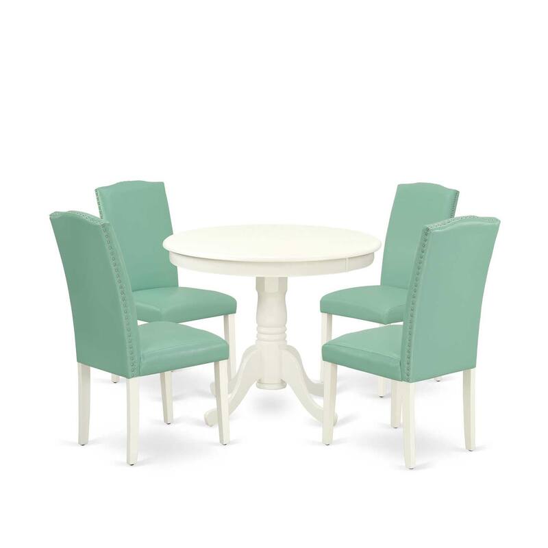HomeStock 5-Piece Round Linen White Finish Solid Wood Top Dining Table with 4 Parson Chair with Lattice Back