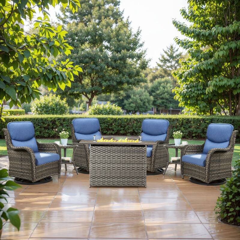 7 Pieces Outdoor Swivel Chairs Fire Pit Table with 5-Inch Thick Cushions - Grey Rattan - Blue Cushion - 7PCS Swivel Chair Table w/ Rectangular Fire Table