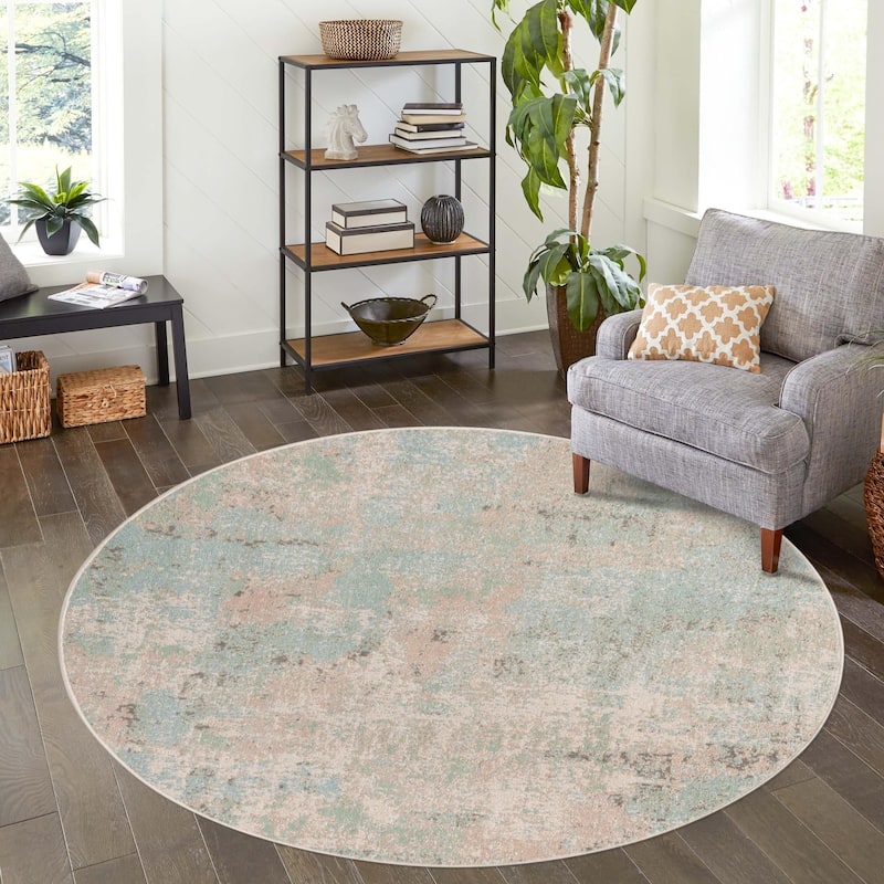 Contemporary Heloise Collection Area Rug - 3'3" Round - Teal-Beige