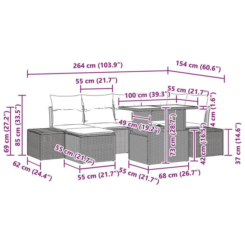 vidaXL 7 Piece Garden Sofa Set with Cushions - 103.9×60.6×27.2