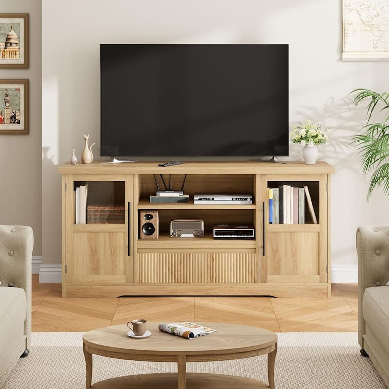 Retro TV Stand for 75 Inch TV Media Console with 2 Glass Cabinets & Open Shelves - N/A