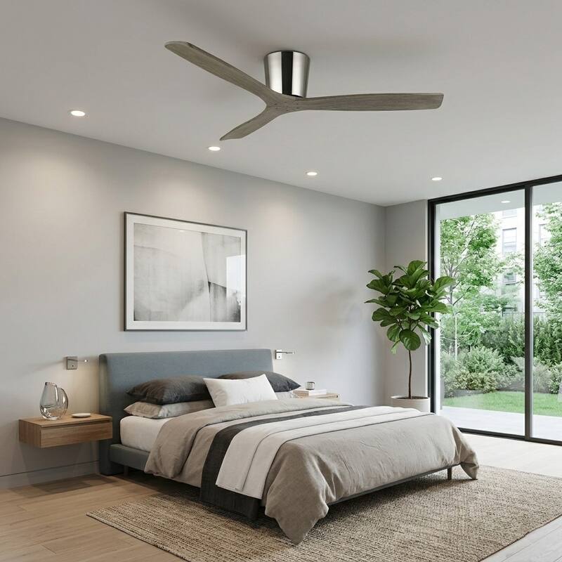 54" Transitional Solid Wood 3-Blade Chrome Flush Mount Ceiling Fan with Remote, No Light
