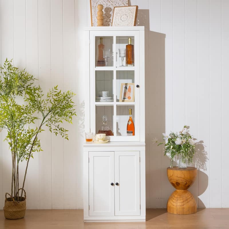 Pantry Cabinet with Glass Door & Lattice Window, Display Cabinets with Storage, Buffet with Adjustable Shelves