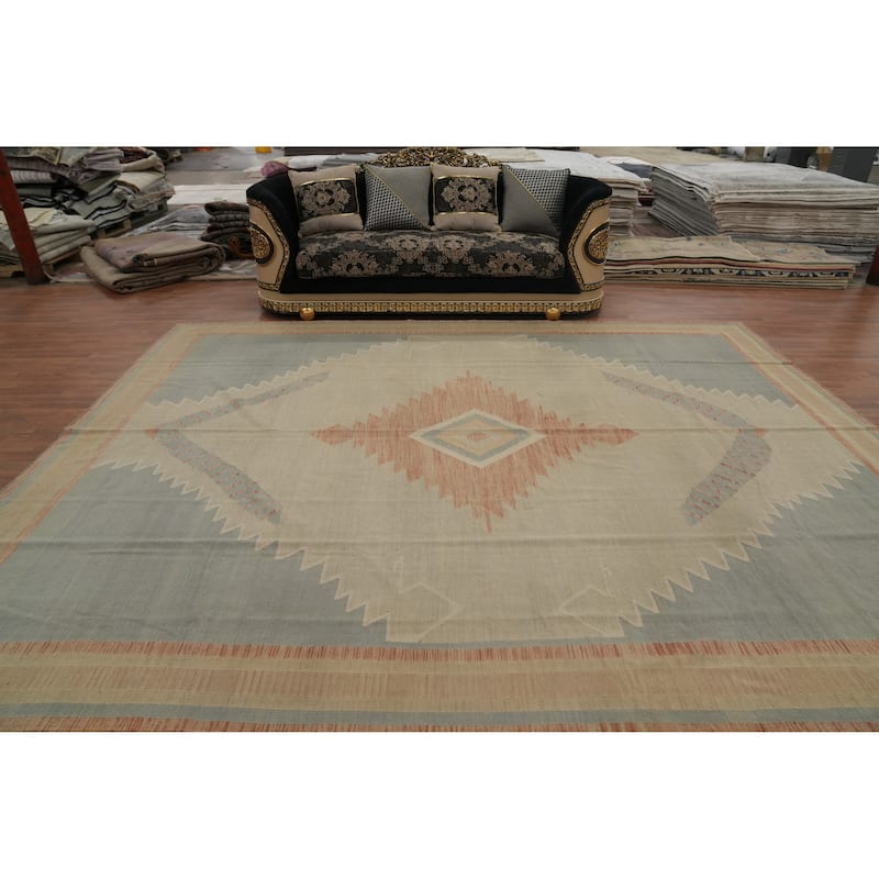 Hand Woven Oriental 100% Wool Carpet Southwestern Tribal Beige & Ivories Kilim Area Rug - 13' 0'' X 10' 0''