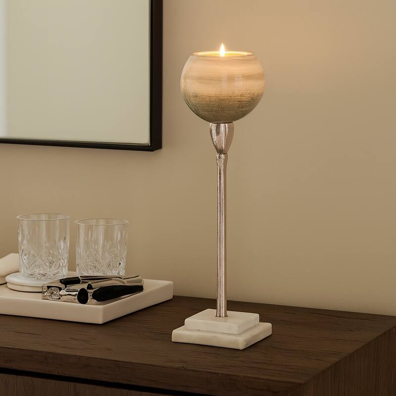 Glass Votive Candle Holder on Marble Stand - Silver - 15.0"