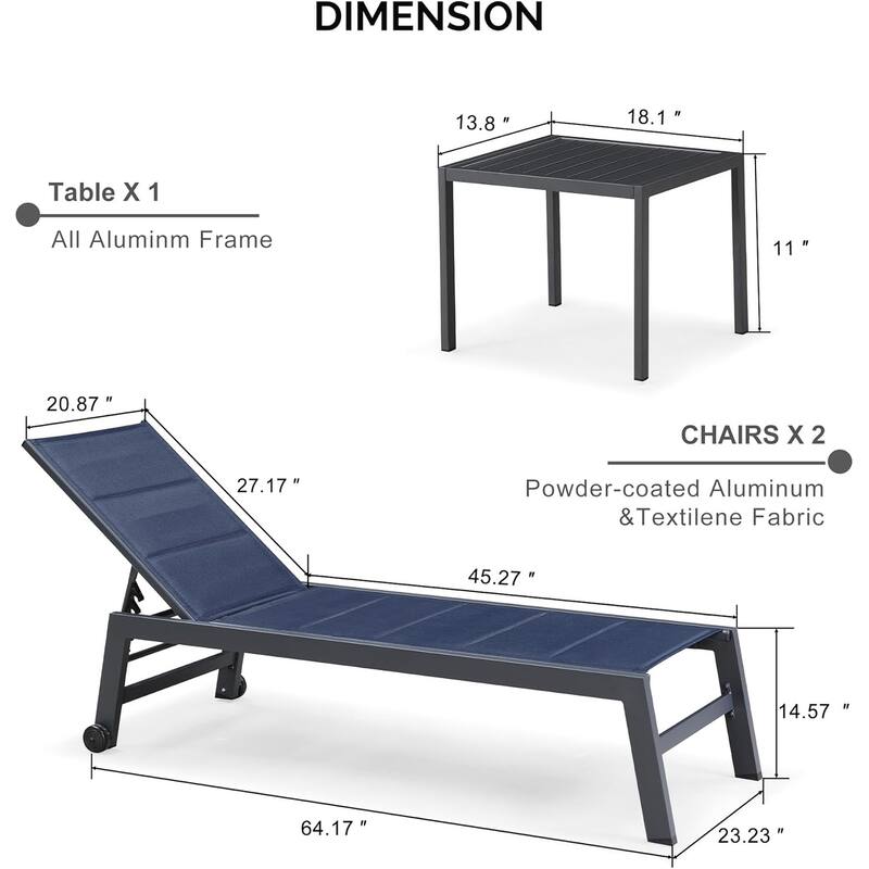 PURPLE LEAF Outdoor Chaise Lounge Set of 2 Aluminum Patio Lounge Chair with Wheels and Side Table