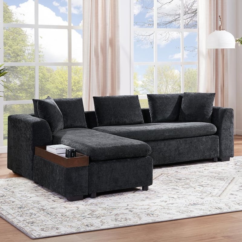 93.7" Modern L-shaped Upholstered Sectional Sofa with Wooden Storage Compartment - Black