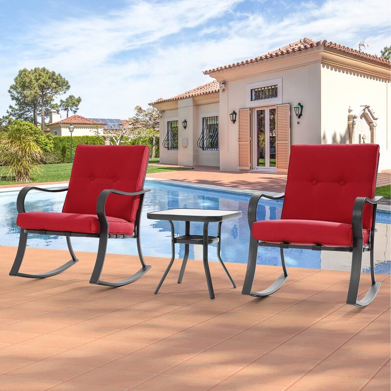 BONOSUKI 3 Pcs Outdoor Rocking Bistro Set Chat Set with Side Table - Red