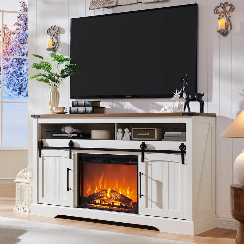 Farmhouse Fireplace TV Stand, Entertainment Center w/ Arched Door - Antique White