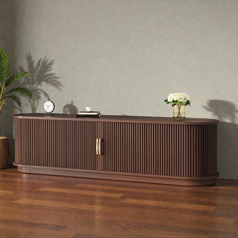 Vintage Rustic TV Stand for TVs up to 75", Sliding Slatted Wood Doors