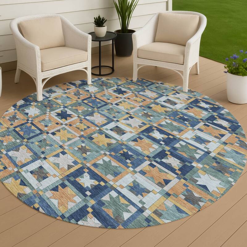 Machine Washable Indoor/ Outdoor Global Goddard Chantille Rug - Teal - 8' x 8'