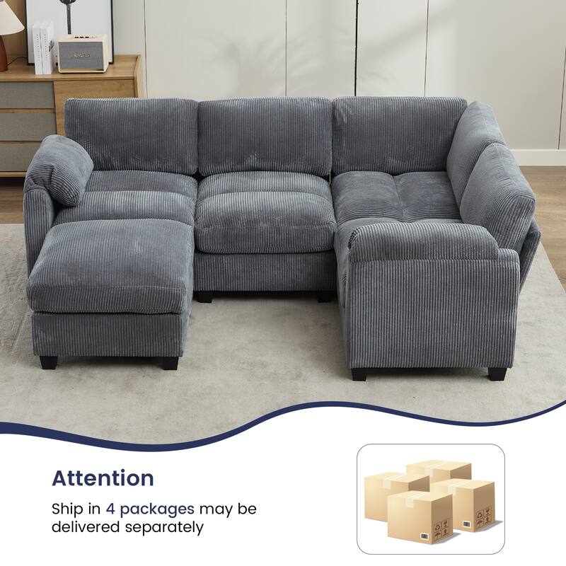 5-Seater Corduroy Sectional Sofa, Removable Ottoman, Modular Design
