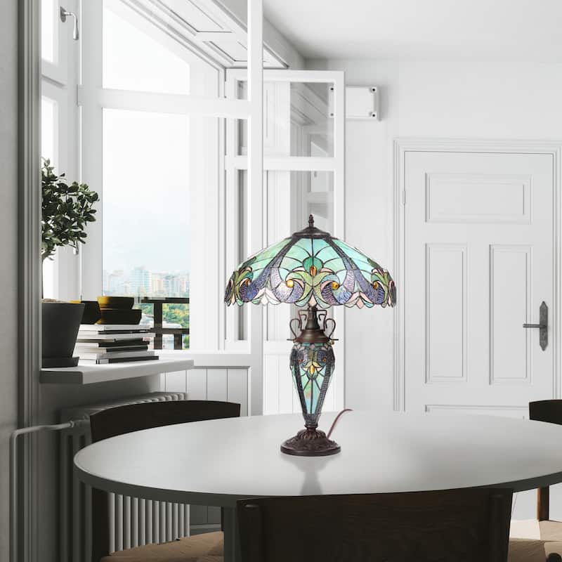 Halston River of Goods Double Lit Stained Glass 24.5-Inch Table Lamp - 18" X 18" X 24.5"