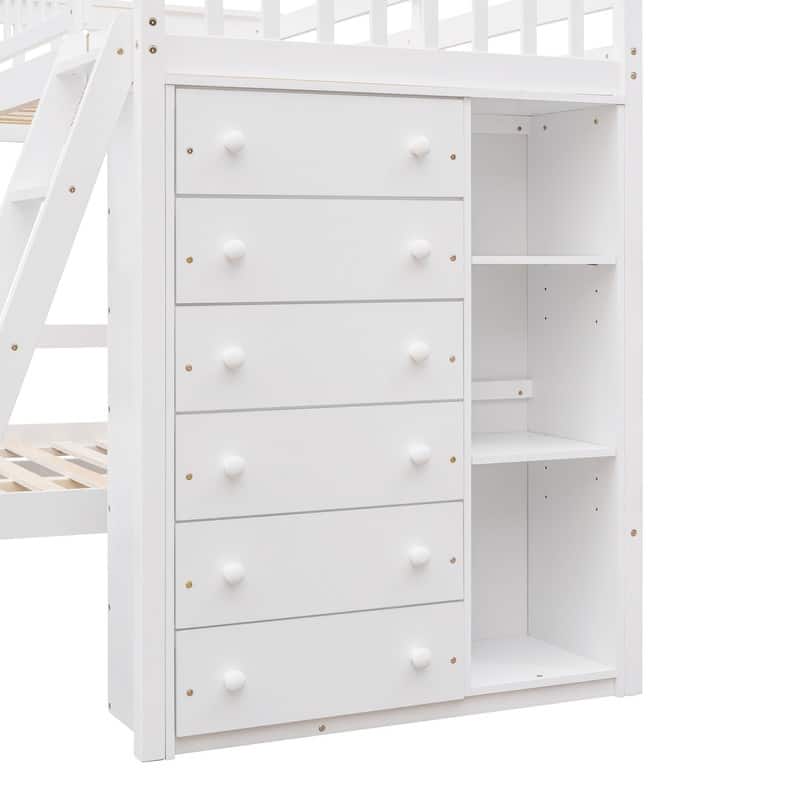 Twin Over Full Bunk Bed with 6 Drawers, Flexible Shelves and GuardRail