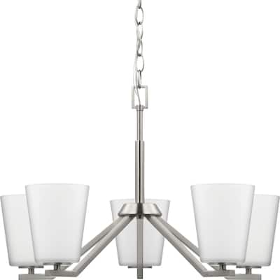 Vertex Collection Five-Light Brushed Nickel Etched White Contemporary Chandelier - 22.5 in x 22.5 in x 15.25 in
