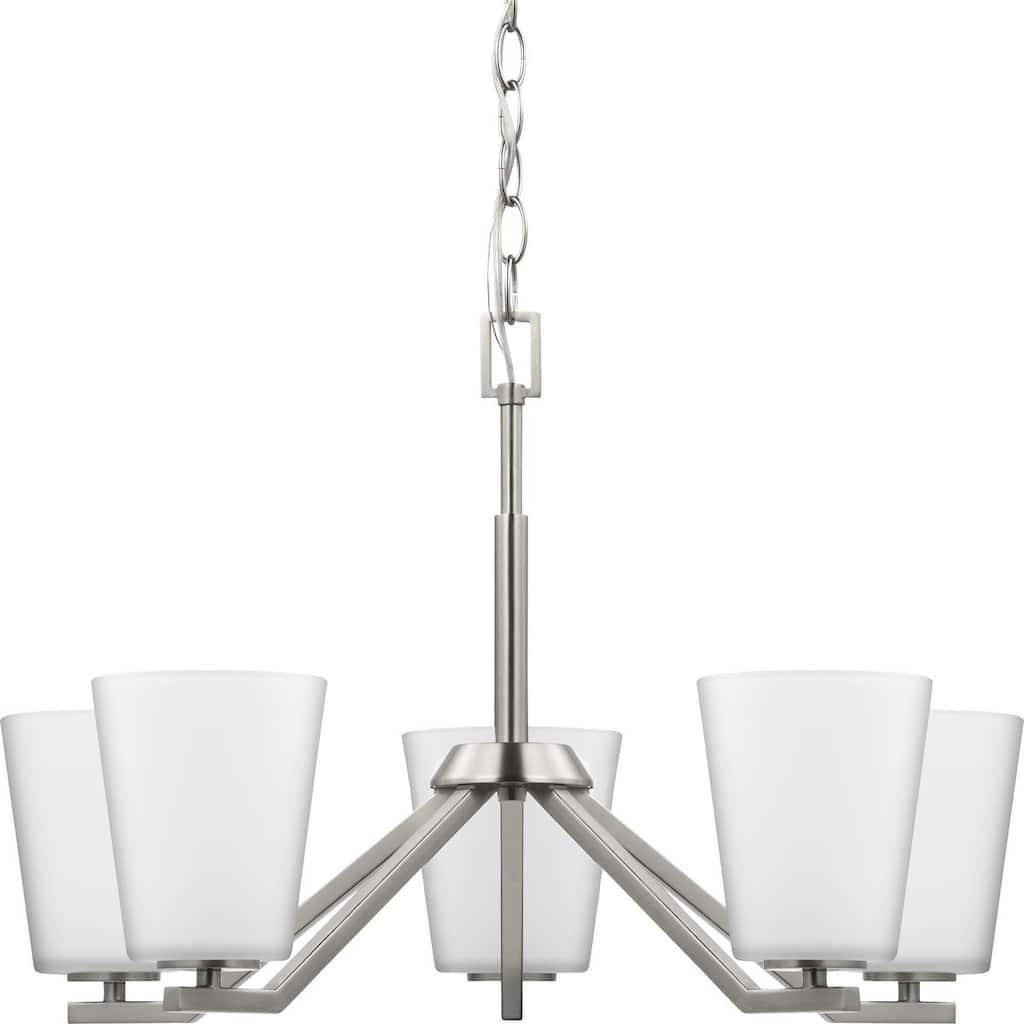 Vertex Collection Five-Light Brushed Nickel Etched White Contemporary Chandelier - 22.5 in x 22.5 in x 15.25 in
