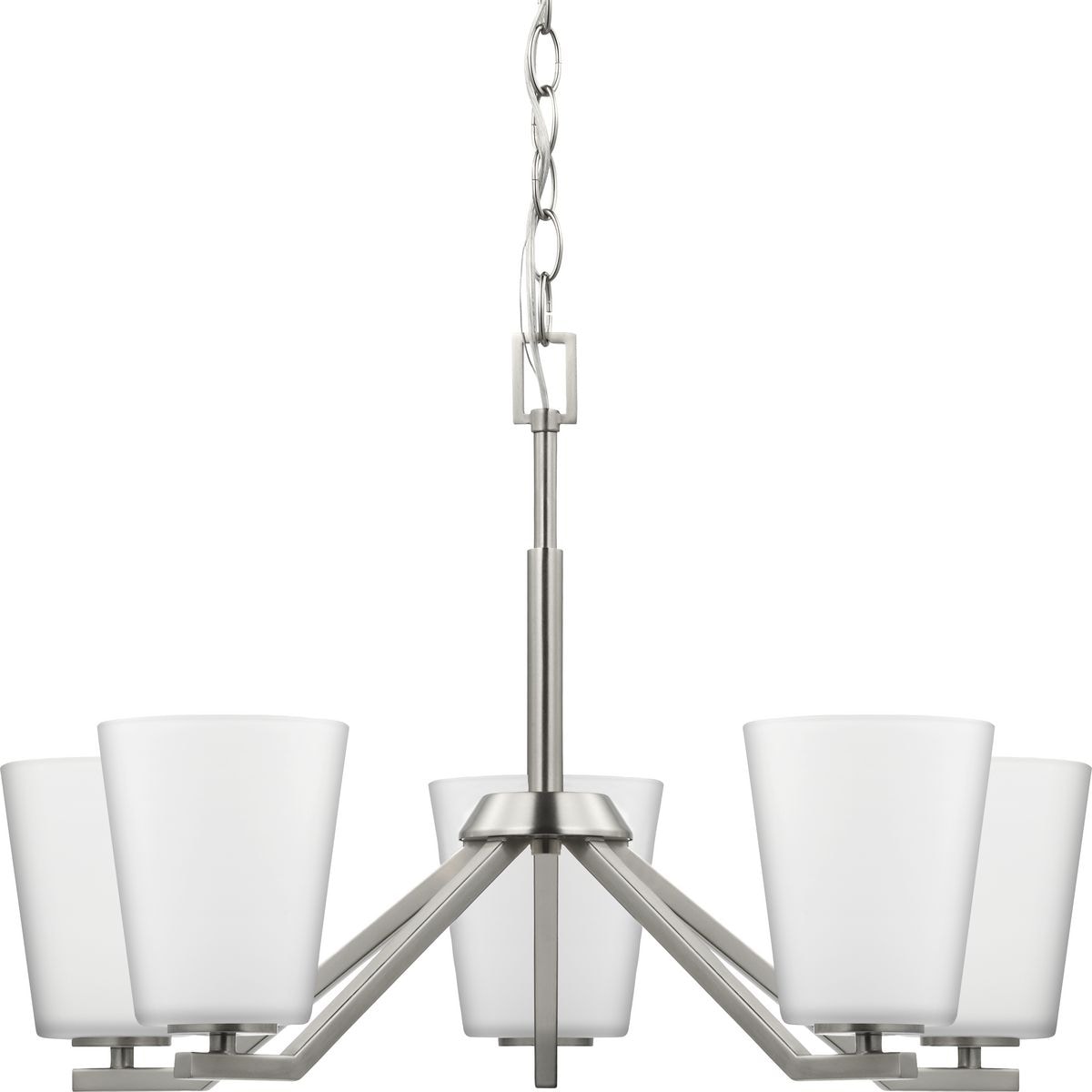 Vertex Collection Five-Light Brushed Nickel Etched White Contemporary Chandelier - 22.5 in x 22.5 in x 15.25 in