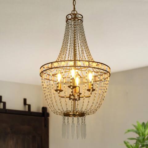 Rustic Farmhouse 4-Light Crystal Beaded Chandelier Empire Celing Lights for Dining Room - D 15.7'' x H 91''