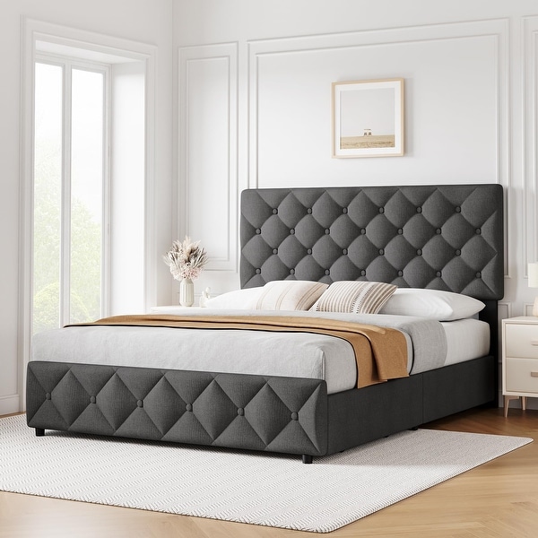 Linen Upholstered Platform Bed Frame Diamond Stitched Button Tufted On Sale Bed Bath Beyond 39670712