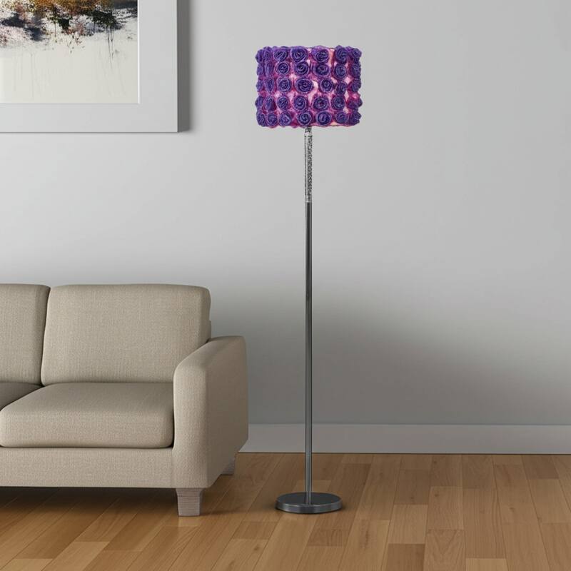 Silver Steel Novelty Floor Lamp with Rose Drum Shade and In Line Switch - 14” x 14” x 63” (D x W x H)