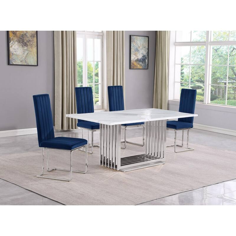 Best Quality Furniture D310/1-SC340-7 Dining Set with 68" White Marble Top - 5-Piece - Navy Blue / Silver