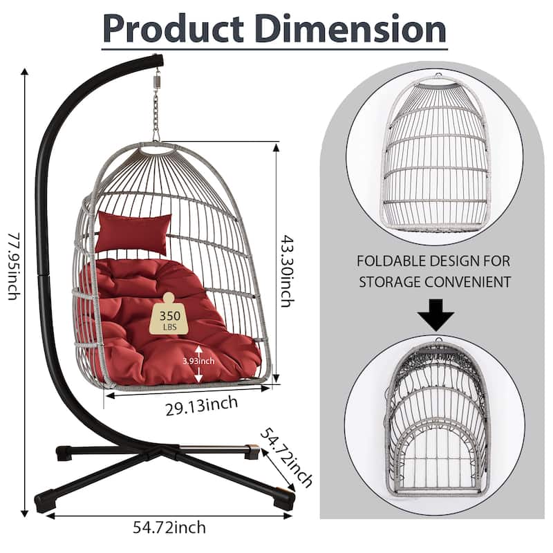 Outdoor Egg Hanging Chair with Stand, Patio Wicker Swing Egg Chair Indoor Swinging Chair Outdoor Hammock Egg Chair red
