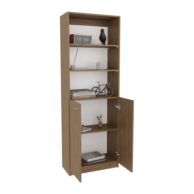 Home 2-Door Bookcase, Modern Storage Unit With Dual Doors And Multi-Tier Shelves, Natural Oak