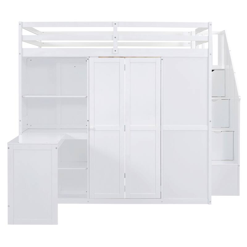Full Size Bunk Bed with Wardrobe, Desk, and Shelves for Kids