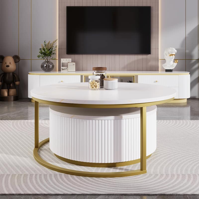 Modern Round Nesting Coffee Set of 2, Stacking Living Room Accent Tables with Gold Metal Frame, Office Wood Center Table