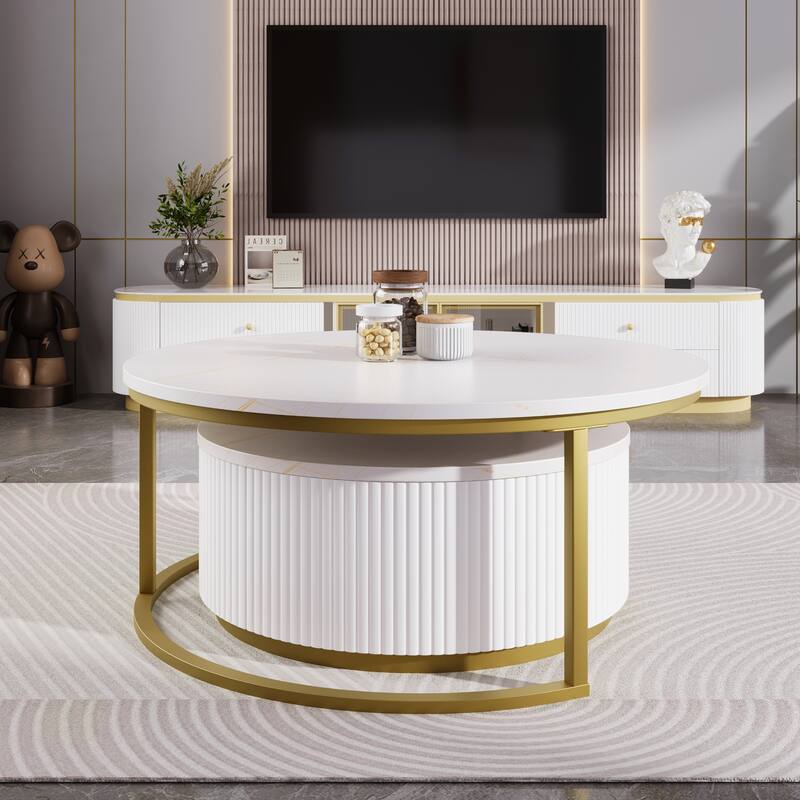 Modern Round Nesting Coffee Table Fluted with Drawer in 27.6" - White