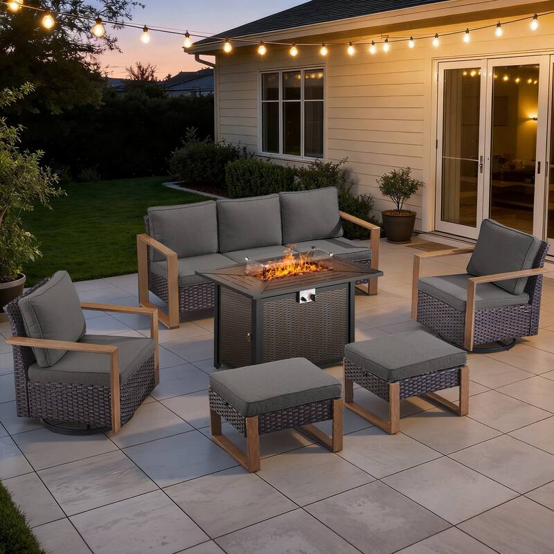 Meyreso Wicker Outdoor Patio Metal Fire Pit Set with Swivel Gliders & 4.5" Olefin Cushions - Brown / Gray Cushions - 6-Piece