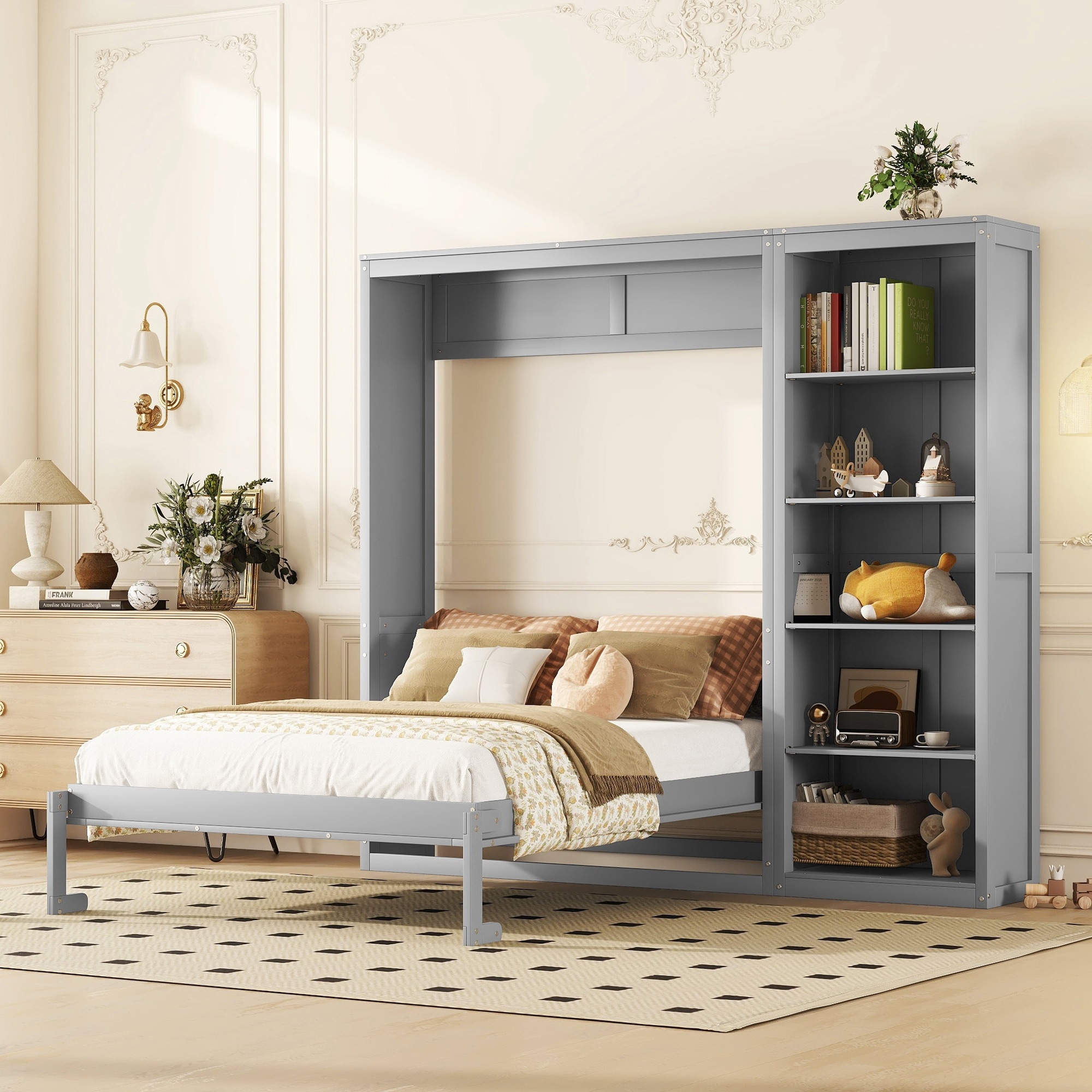 Queen Murphy Bed Wall Bed with Shelves, SpaceSaving Foldable Platform Bed Frame, Fold into The