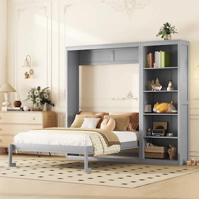 Queen Size Murphy Wall Bed with Adjustable Shelves, Space-Saving Foldable Design, Dual Piston Metal Mechanism