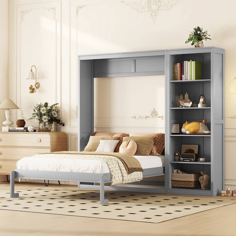 Queen Size Smart Murphy Bed - Space-Saving Wall Bed with 5-Tier Storage Cabinet & Adjustable Shelving - Gray