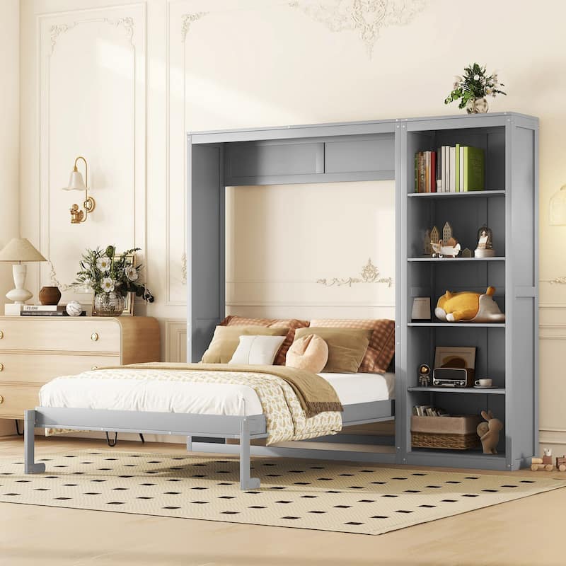 Space-Saving Queen Size Wall Bed with Shelves and Flexible Slats, Gray - Gray